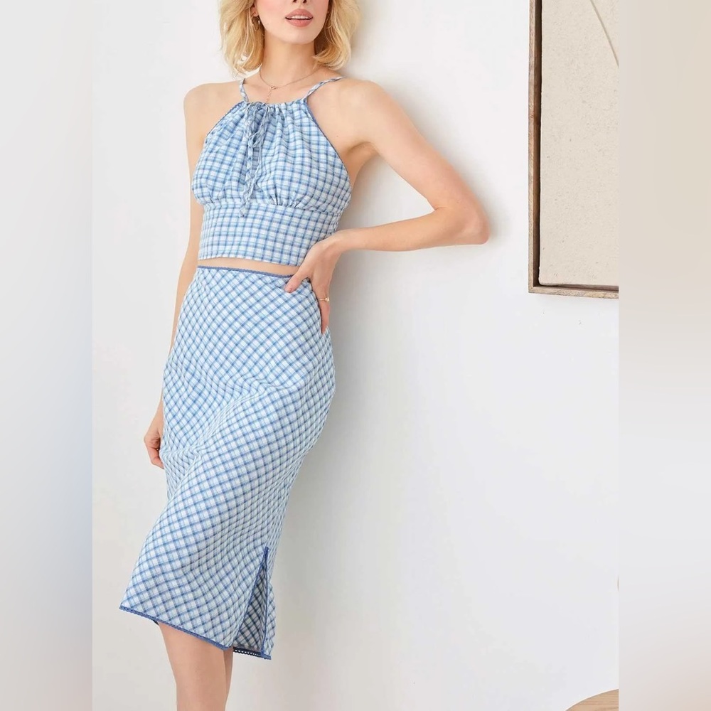 Le Lis Blue Plaid Halter Top and Lace Trim Midi Skirt with Side Slit Set - Picture 12 of 12
